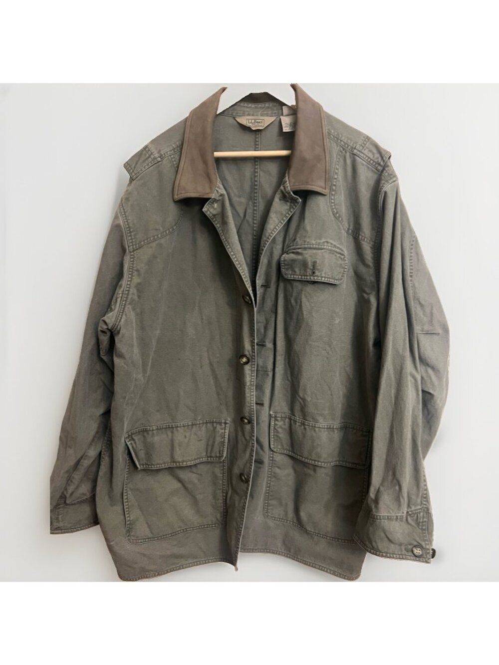 VTG LL Bean Leather Collar Canvas Chore Field Barn Coat Jacket XXL Tall Green